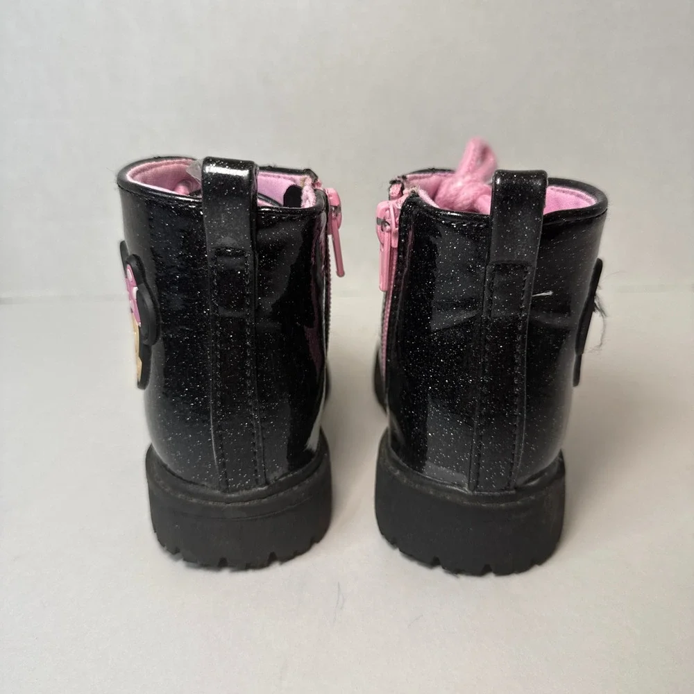 Disney Minnie Mouse Girls Black Glitter Combat Boots Side Zip Size 9